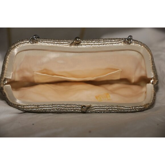 Vtg 1960's Silver Beaded Evening Bag Floral Pattern Handmade Serpentine Handle - Picture 6 of 9
